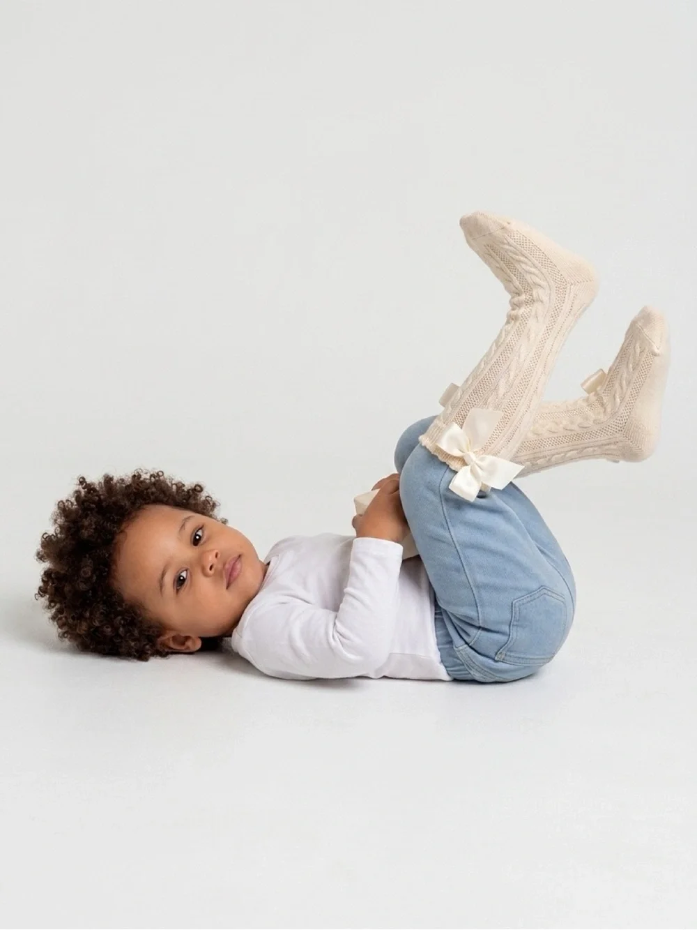 Cream Knit Toddler Socks with Satin Bows - Size 1-3 Years